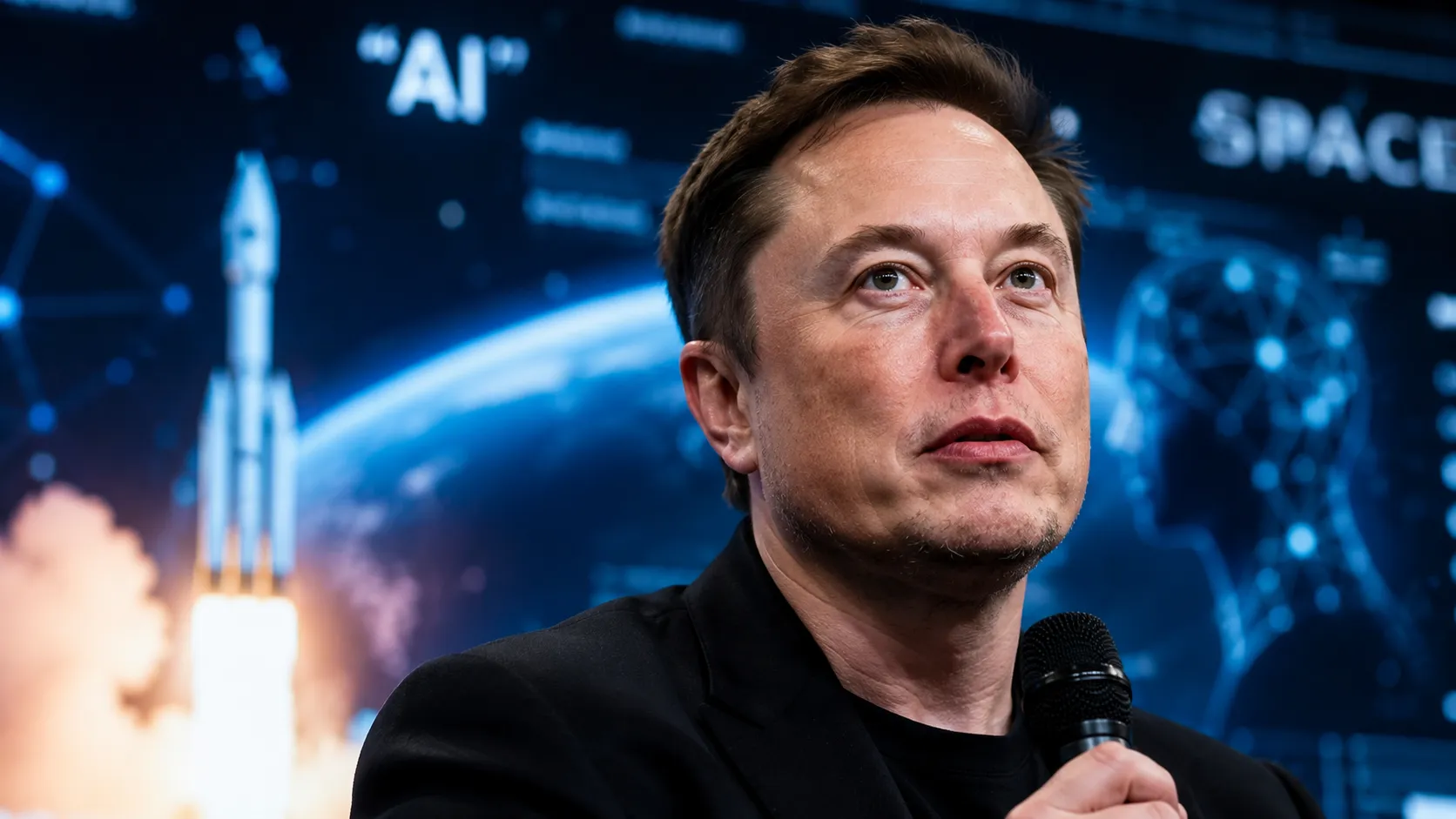 Elon Musk lors d'une conférence, portrait en gros plan avec un fond technologique évoquant l'espace ou l'intelligence artificielle