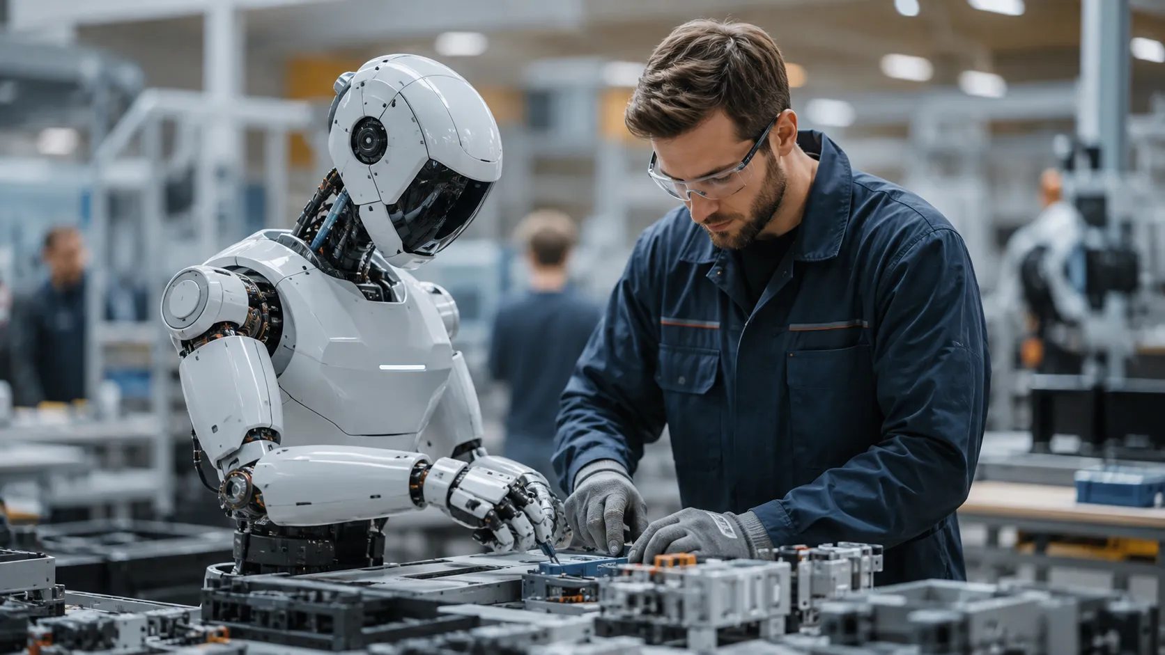 Illustration conceptuelle d'un robot humanoïde travaillant aux côtés d'un être humain dans un environnement industriel ou domestique